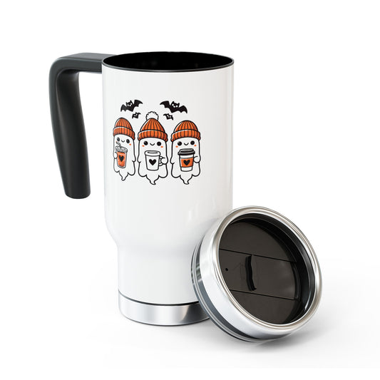 Ghost Drinking Coffee Travel Mug with Handle, 14oz