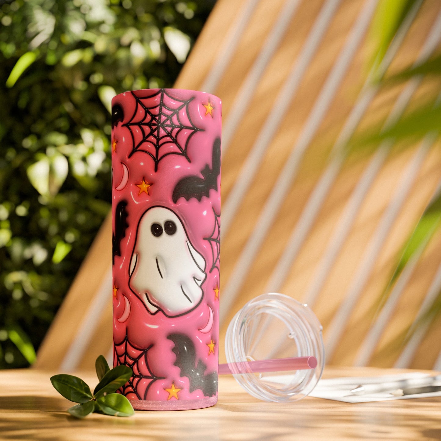 Pink Ghost and Bat Skinny Tumbler with Straw, 20oz