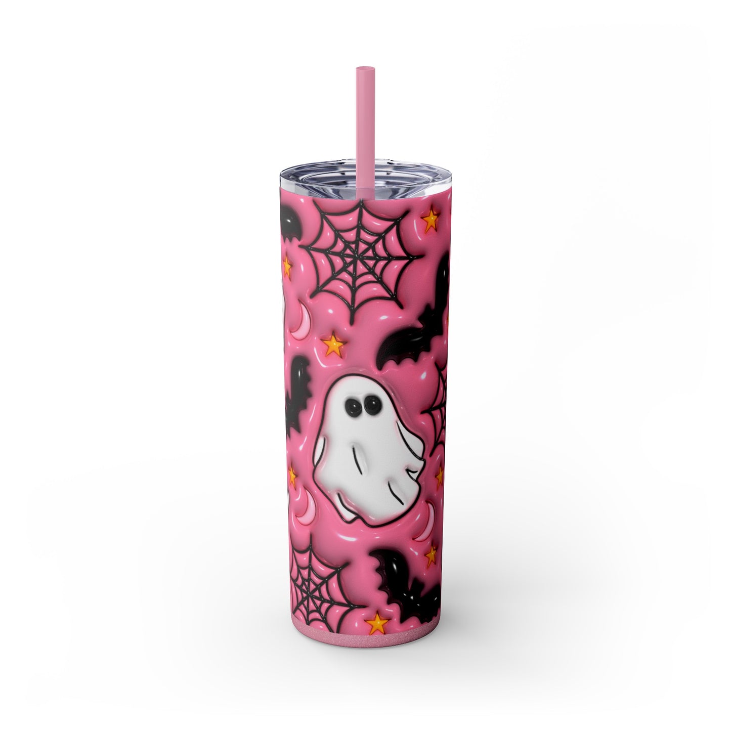 Pink Ghost and Bat Skinny Tumbler with Straw, 20oz