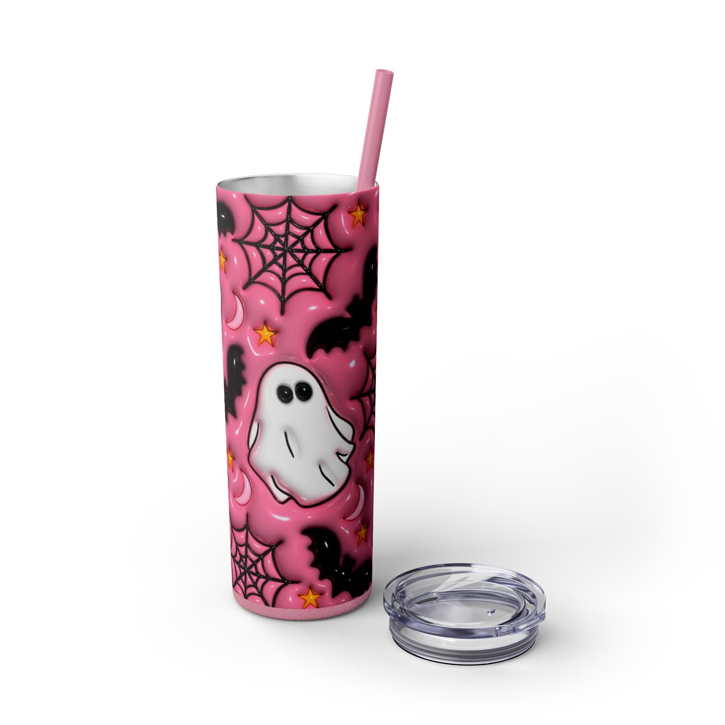 Pink Ghost and Bat Skinny Tumbler with Straw, 20oz