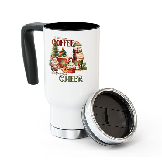 Fueled By Coffee and Christmas Cheer, Travel Mug with Handle, 14oz